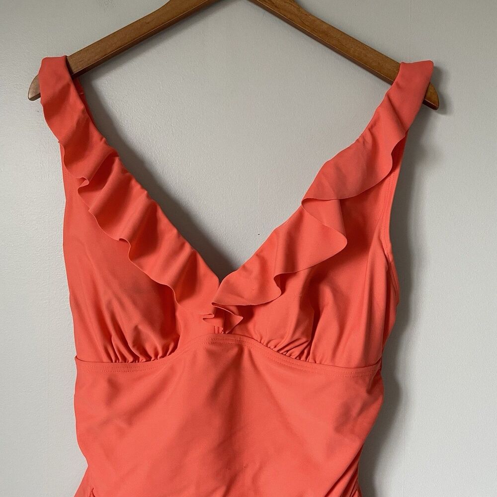 DKNY Swimsuit One Piece Coral Orange Pink Ruffles Women's Size 14 - Picture 3 of 8